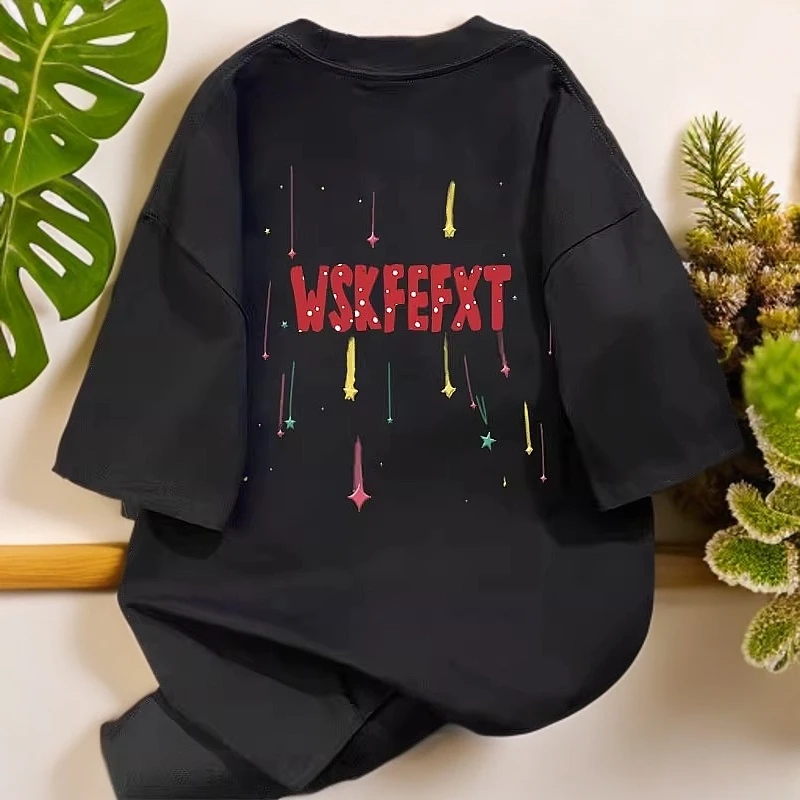 短袖t恤女夏季2025新款爆款印花上衣宽松显瘦休闲体恤黑色纯棉ins