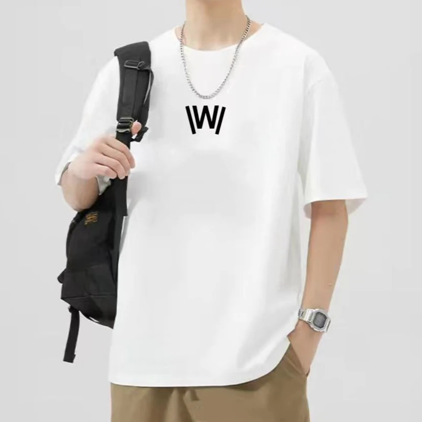 夏季男士半袖纯棉T恤百搭韩版简约宽松圆领印花纯色纯棉圆领白色