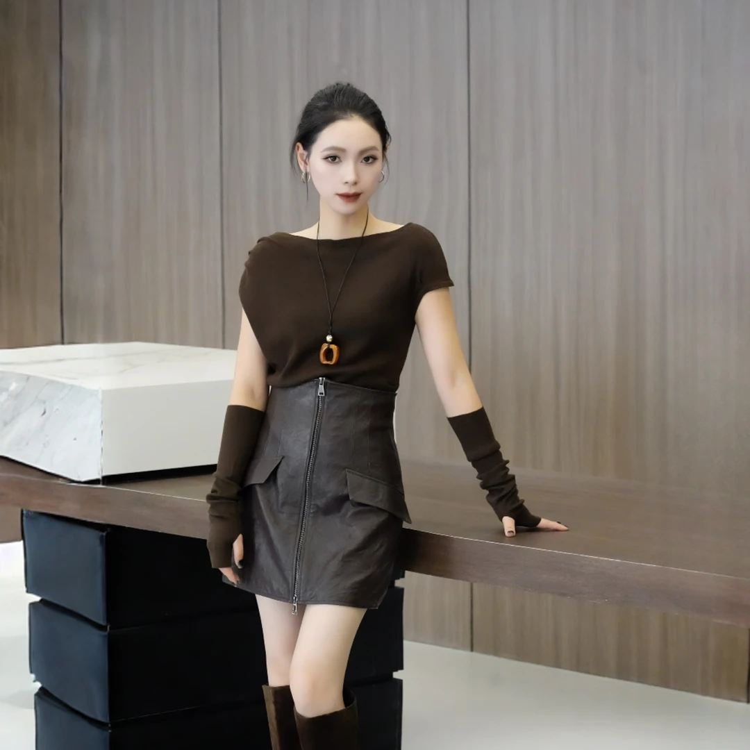 POPULARYW【杉秋】Z·R上品屋 优雅短袖纯色袖套氛围感套头针织衫