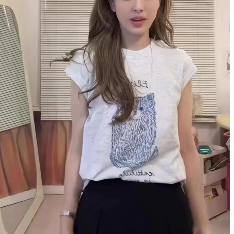 韩国东大门flet*a猫咪涂鸦印花短袖T恤背心112-T