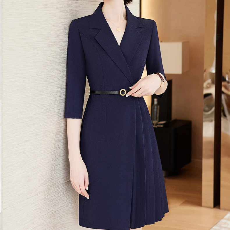 C2355高端西装连衣裙女夏季新款法式高级感绿色短袖百褶裙子小众G