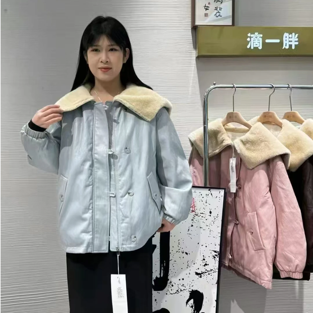 7775减龄大翻领蛋白皮外套冬季新款胖mm大码韩版加厚休闲派克服潮