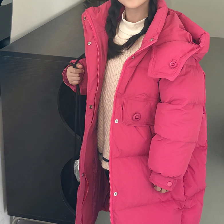 宝丫轻奢  儿童款女时尚保暖圆扣中长款连帽羽绒服外套K1042