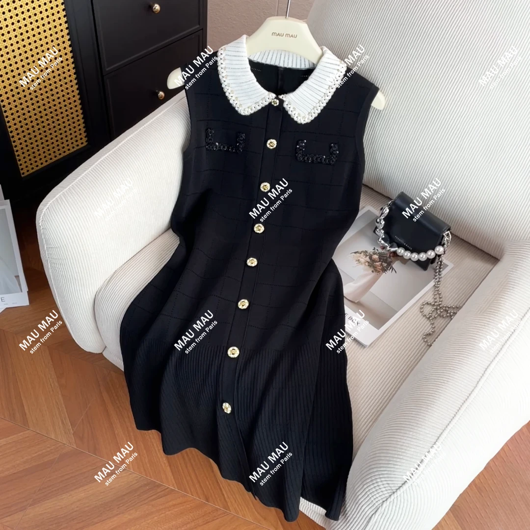 现货轻奢高端秋季新款小香风翻领钉珠针织收腰背心连衣裙女DY7646