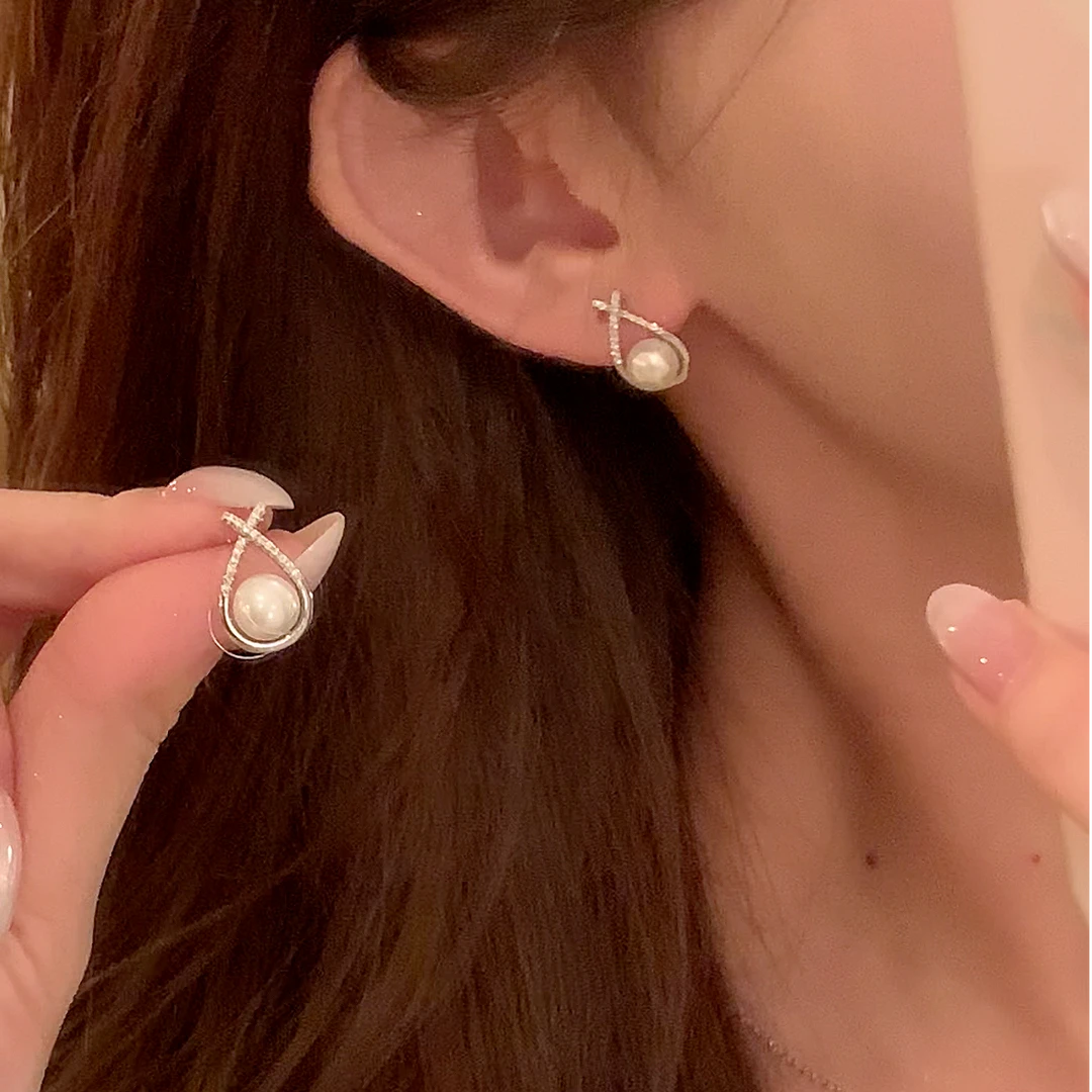 芒果饰品 铜合金锆石耳饰 夏日简约珍珠水滴耳环女百搭耳钉耳饰