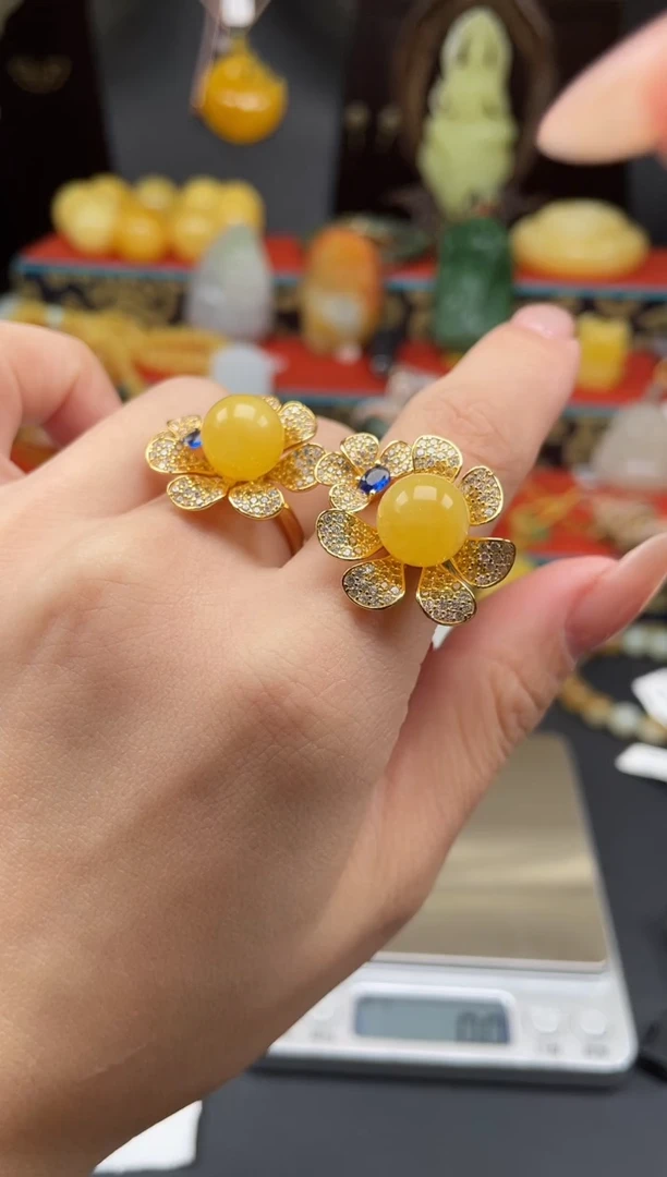 银S925镶嵌蜜蜡戒指kk18多样性发其一