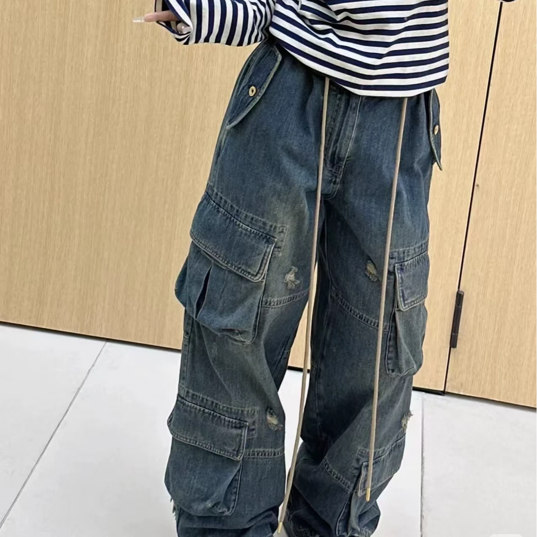 【新款】2024冬季新款复古水洗工装牛仔伞兵裤女