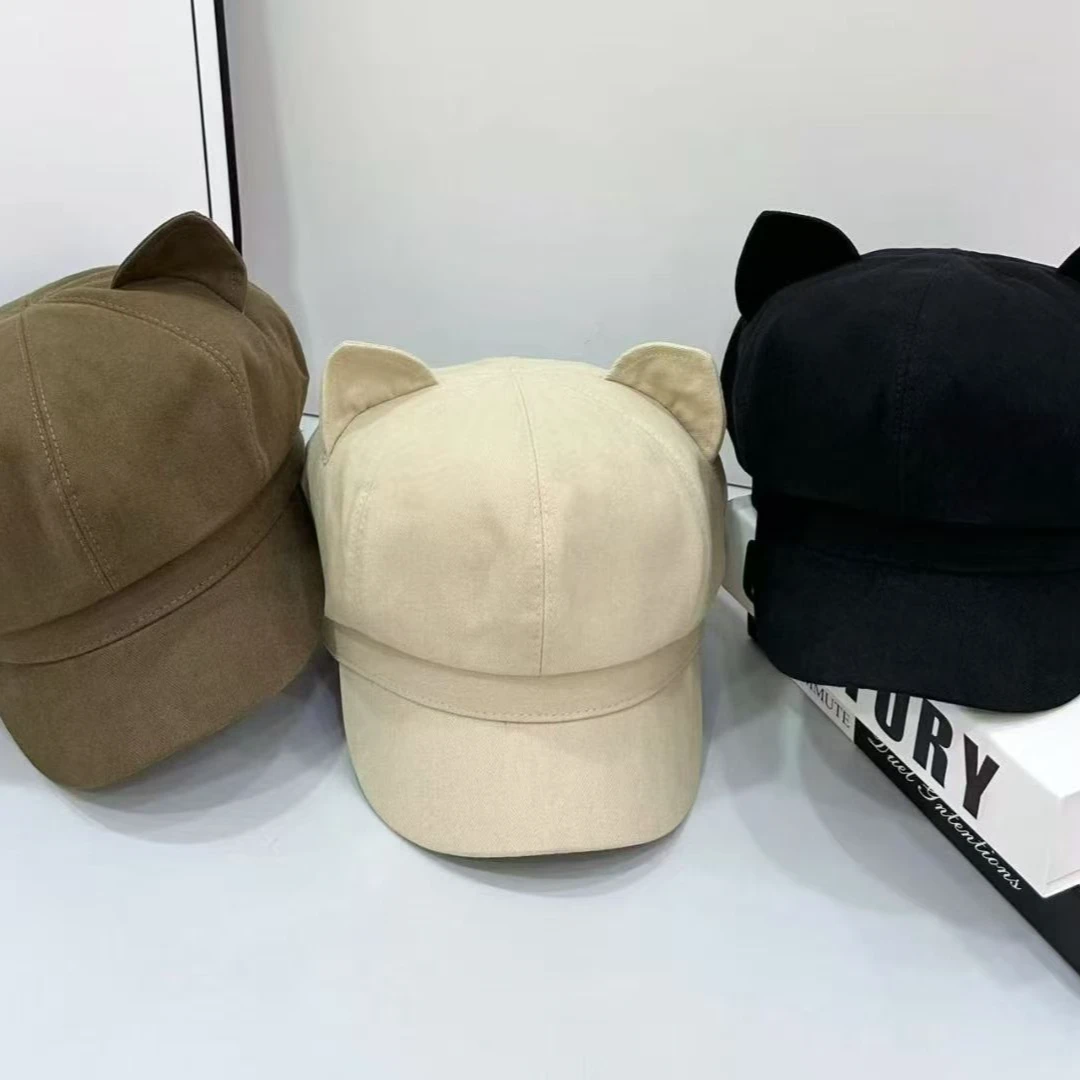 2025秋冬新款韩版可爱猫耳朵纯色八角帽女时尚个性百搭显脸画家帽