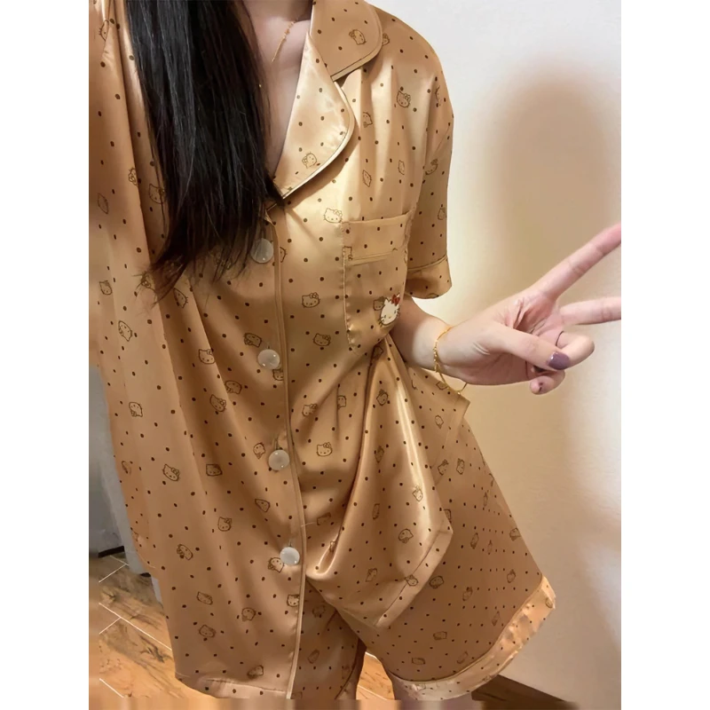 韩版气质可爱缎面冰丝凯蒂猫睡衣女夏款休闲大码套装可外穿家居服