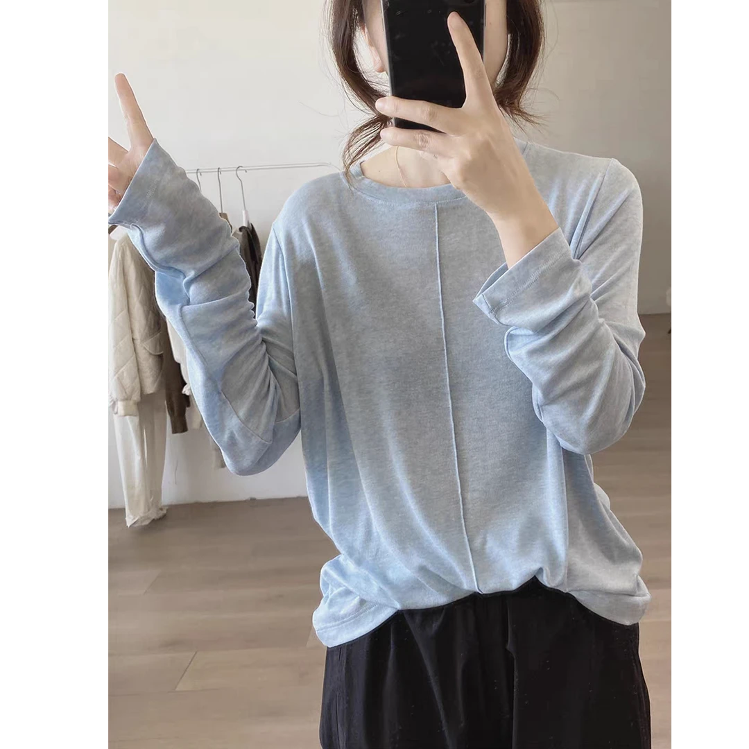 欧货圆领长袖t恤女新款春秋冬宽松显瘦简约长袖百搭上衣打底衫潮