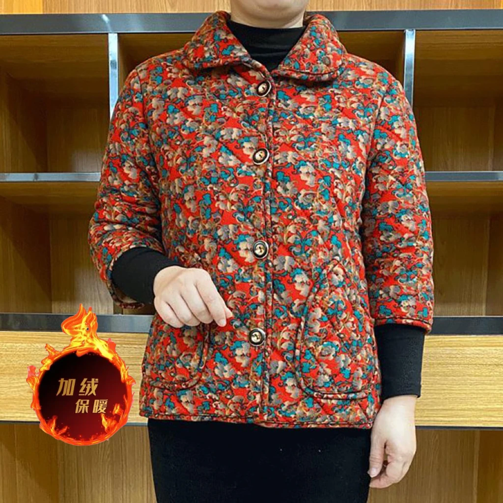 《专柜品质》冬季新款时尚气质加绒加厚碎花中老年妈妈半袖棉袄外套
