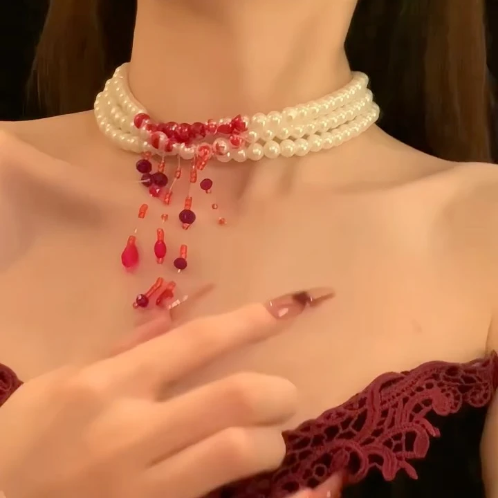 非金属仿珍珠项链 万圣节复古血液珍珠流苏颈链女cos扮鬼新娘配饰