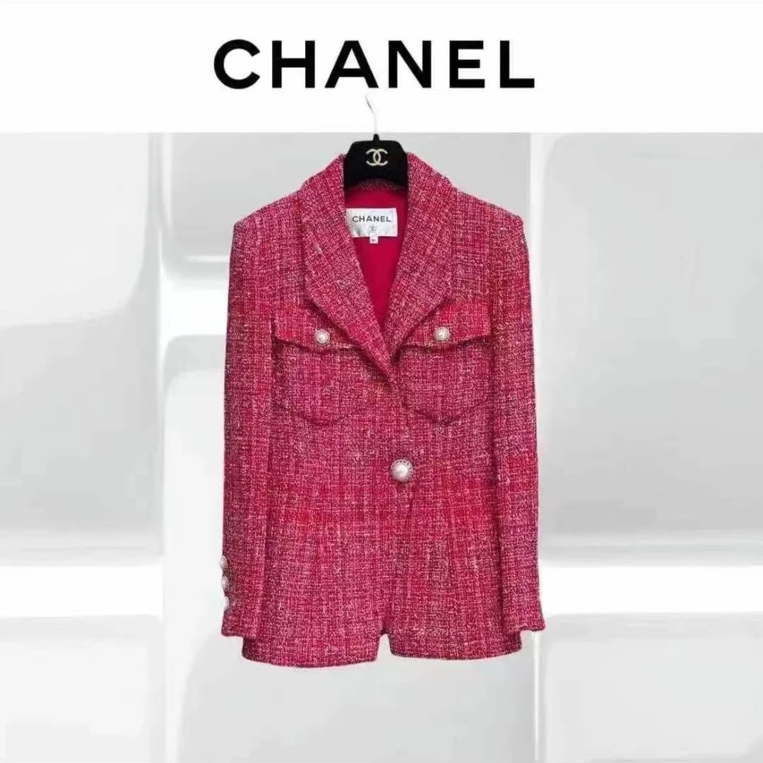 99新 Chanel/香奈儿 34码19P红色粗花呢珍珠扣外套