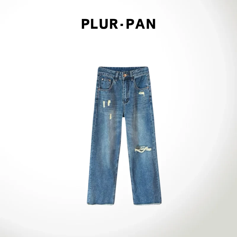 PLUR·PAN雅痞风  薄款破洞高腰直筒毛边牛仔裤