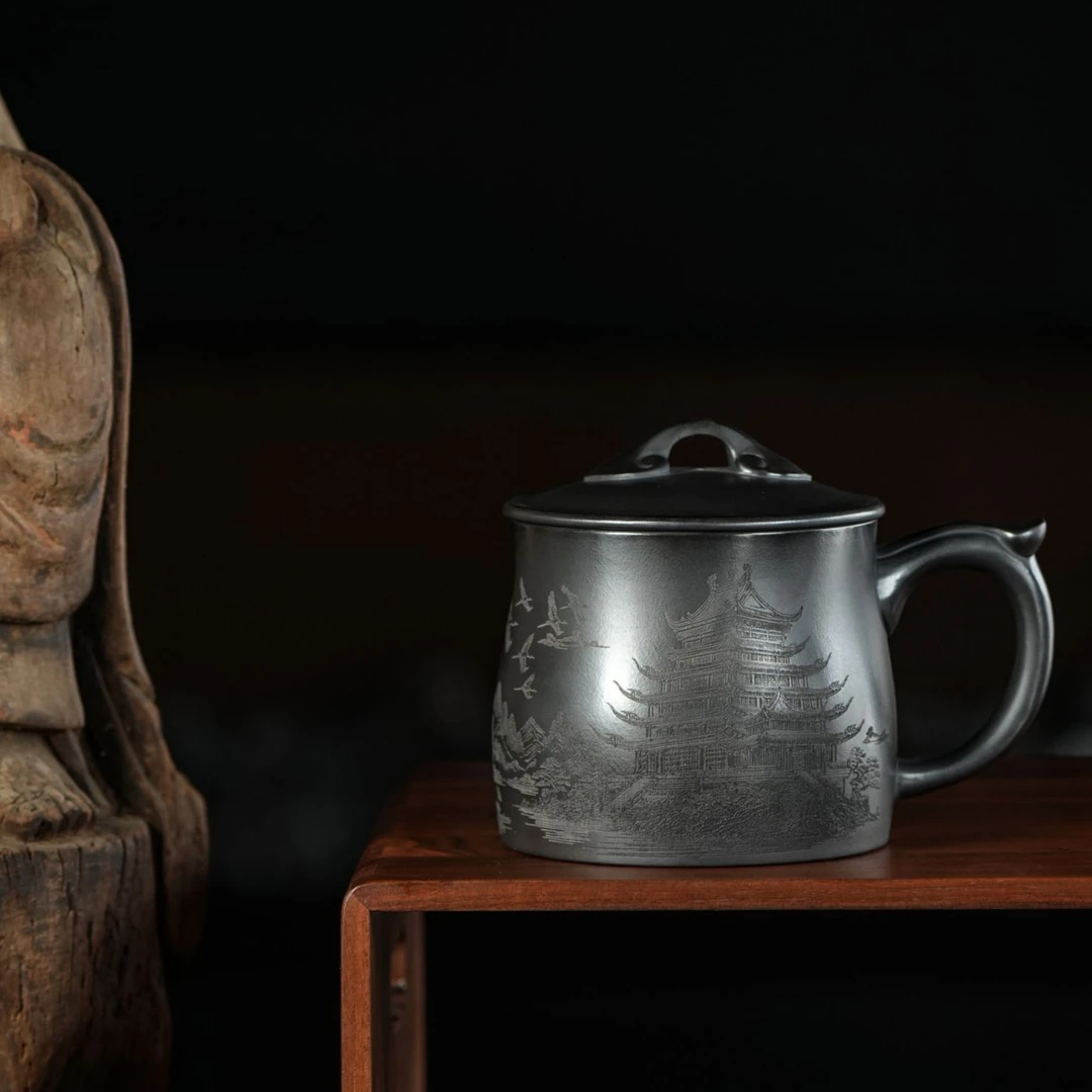 （微瑕）宜兴原矿紫砂玄铁石黄刻绘黄鹤楼盖杯办公杯家用办公茶具