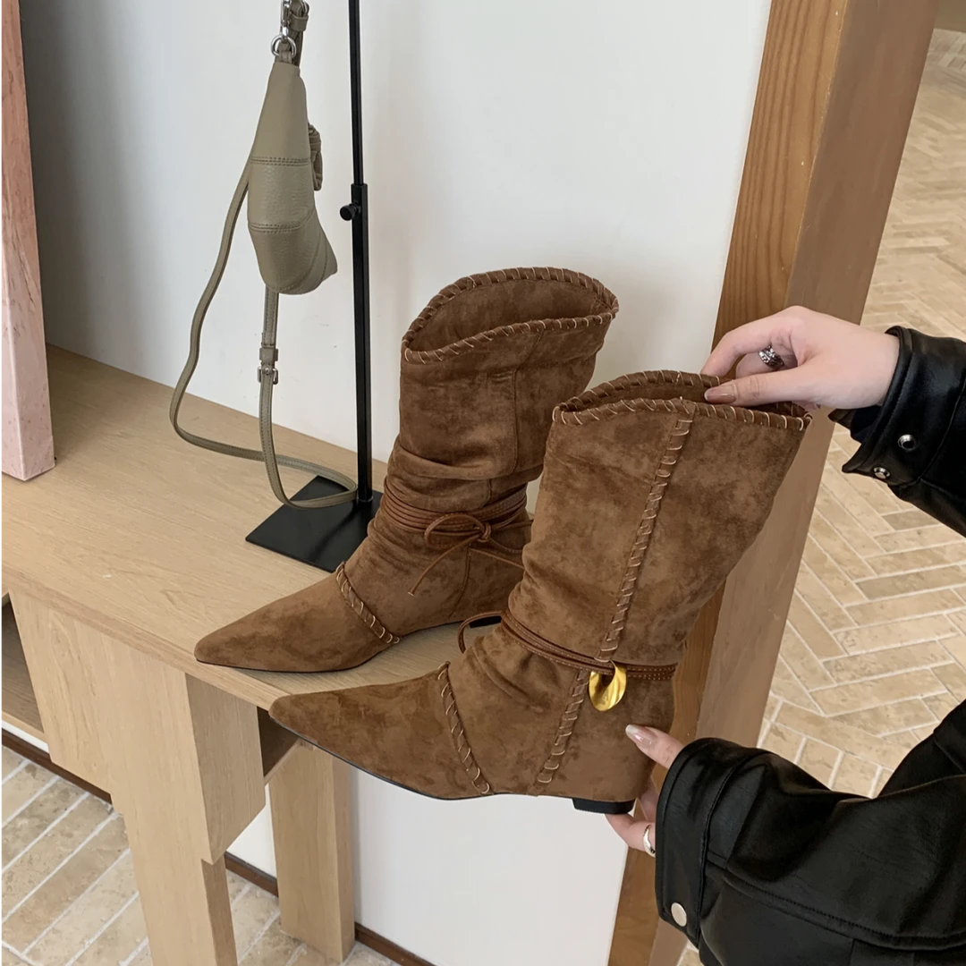 内增高尖头绒面瘦瘦中筒骑士靴女靴子2025秋冬季西部牛仔堆堆长靴