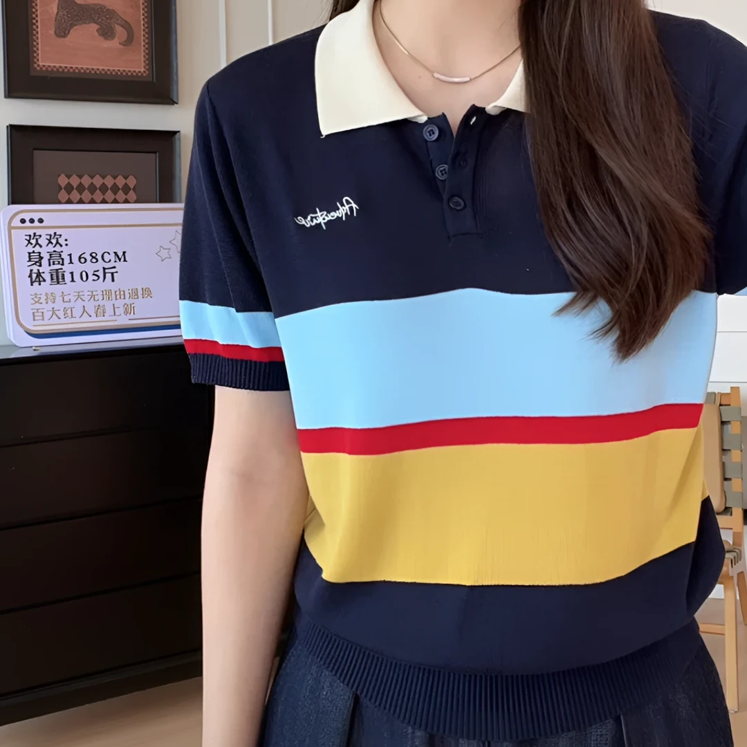 春夏季学院风冰丝减龄复古polo翻领条纹设计感短袖针织衫H7-84