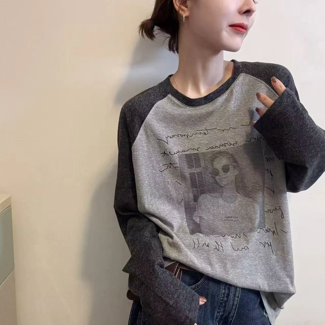 HMY 30906 欧美女孩印花插肩长袖t恤女宽松慵懒显瘦休闲撞色上衣
