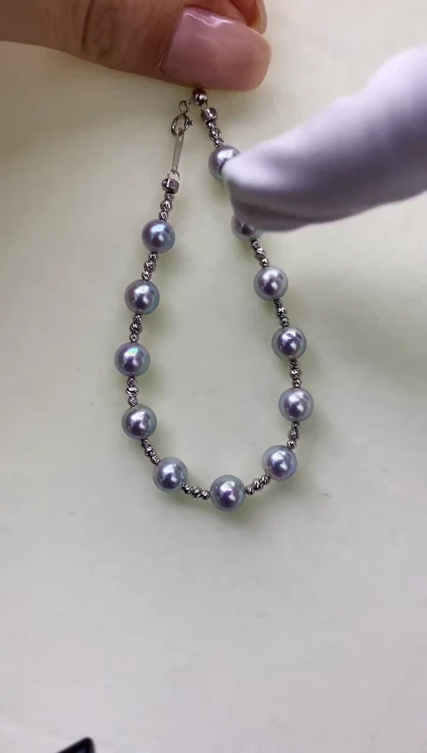 18K金镶嵌DA海水珍珠 灰珠手链6-7MM GD150