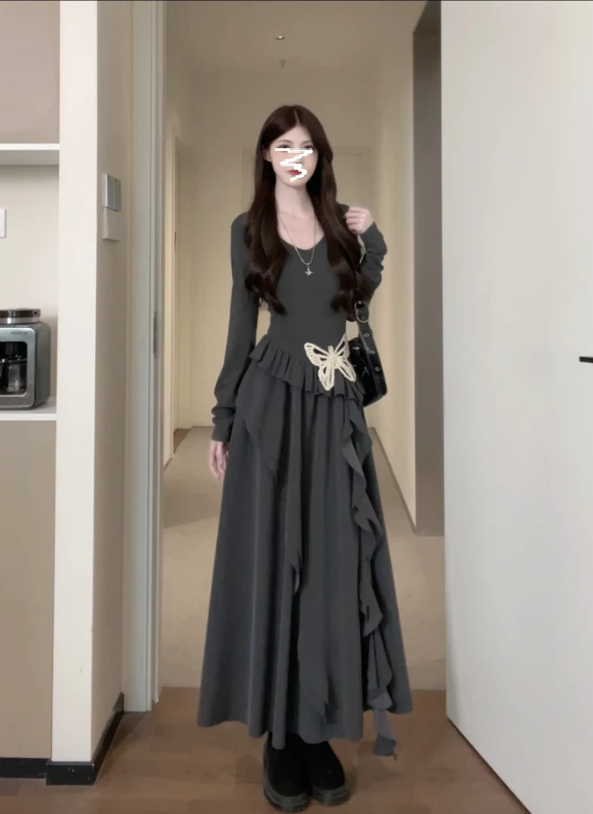 蝴蝶裙小黑裙不规则裙边纯色长袖连衣裙收腰3350#