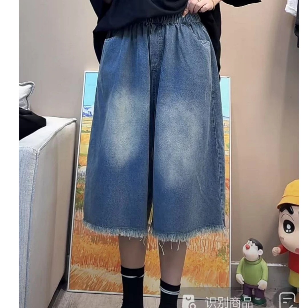 炒色毛边牛仔七分裤女宽松