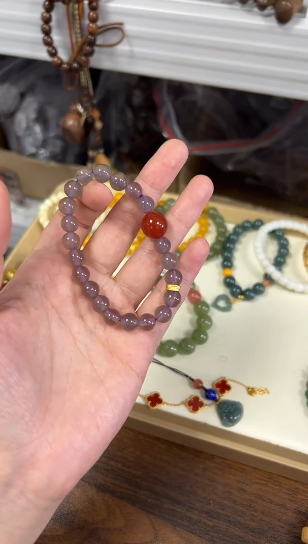 玛瑙/玉髓手链未镶嵌冰烟紫玛瑙红大顶珠手串[0108]