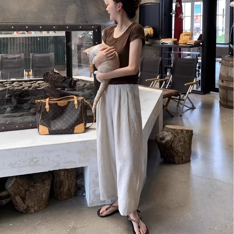 亚麻裤薄款阔腿裤气球裤春夏新款松弛感宽松休闲裤森系九分bobo裤