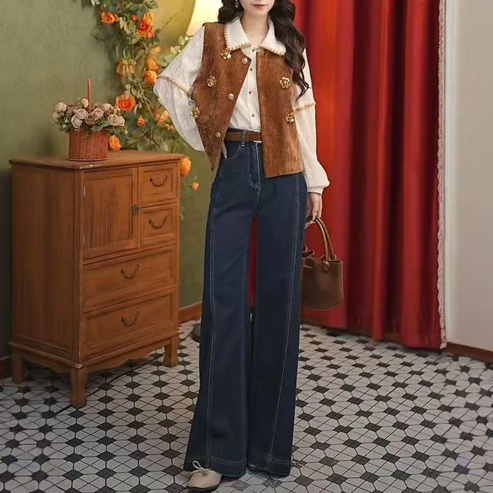 【现货】【览秋】新法式休闲气质百搭牛仔裤牛仔裤衬衫马甲显瘦套装女