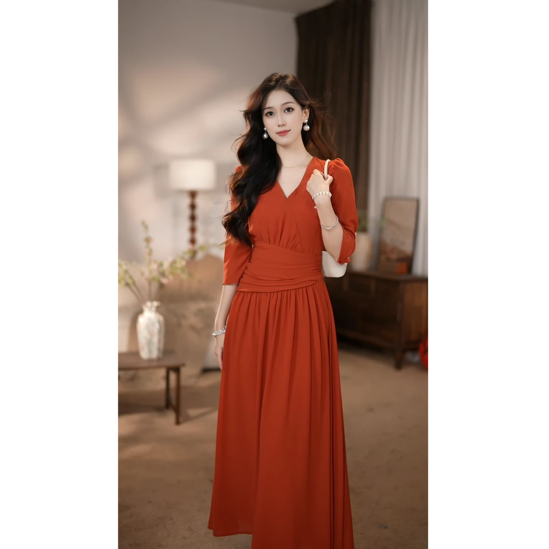 【安安】橙子蜜糖 夏季法式轻奢设计师气质修身连衣裙-HZ738