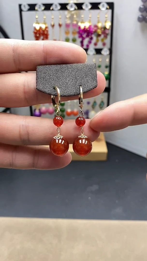 【闪购商品】南红玛瑙耳饰银S925镀金镶嵌尺寸12mmZ2