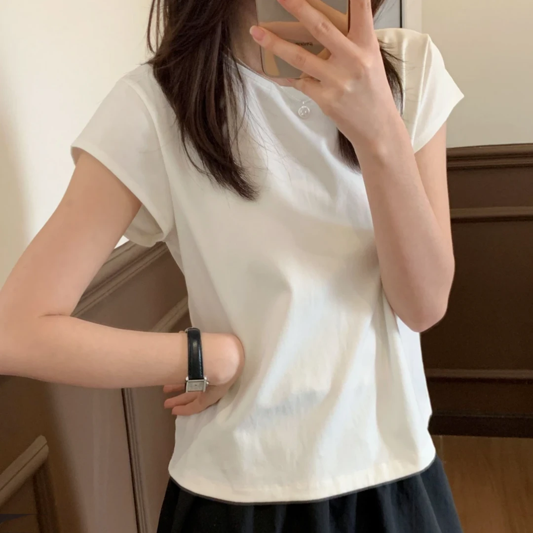 宽松纯色圆领小众简约ins短袖T恤女2025新款夏季百搭白色圆领上衣