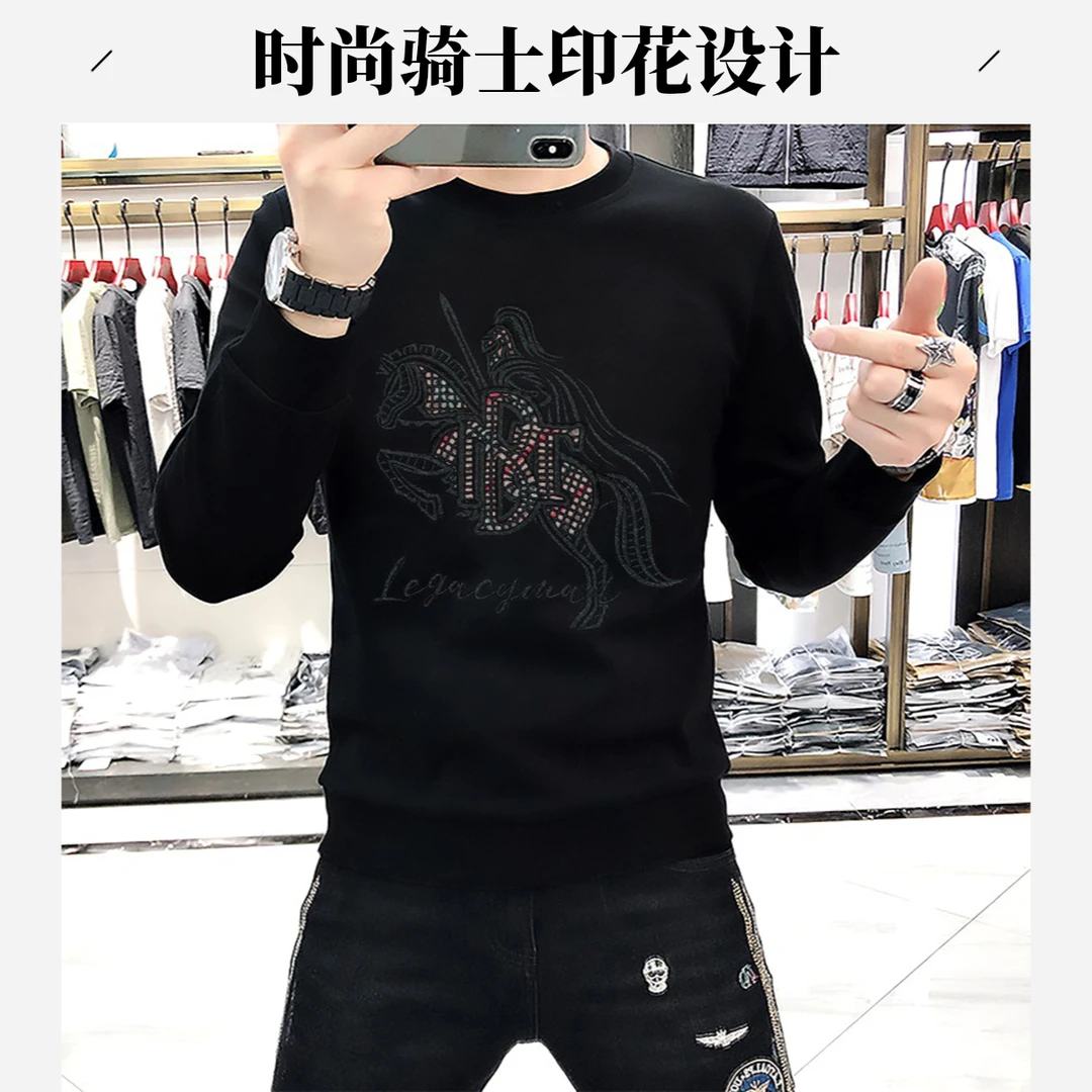 恩密比韦刺绣卫衣男士秋季新款长袖t恤潮流百搭修身上衣打底衫