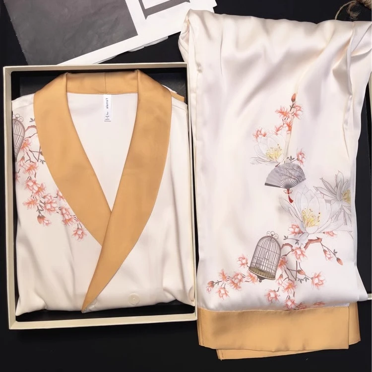 【母亲节送妈妈礼物】爆款青果领冰丝睡衣女莺歌繁花高级感夏家居服