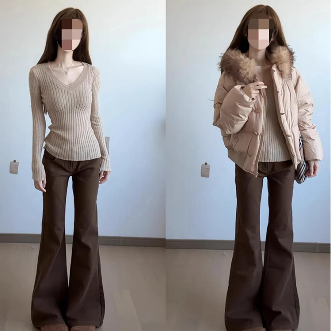 棕咖色微喇牛仔裤女秋冬加绒加厚宽松慵懒高腰窄版直筒阔腿喇叭裤
