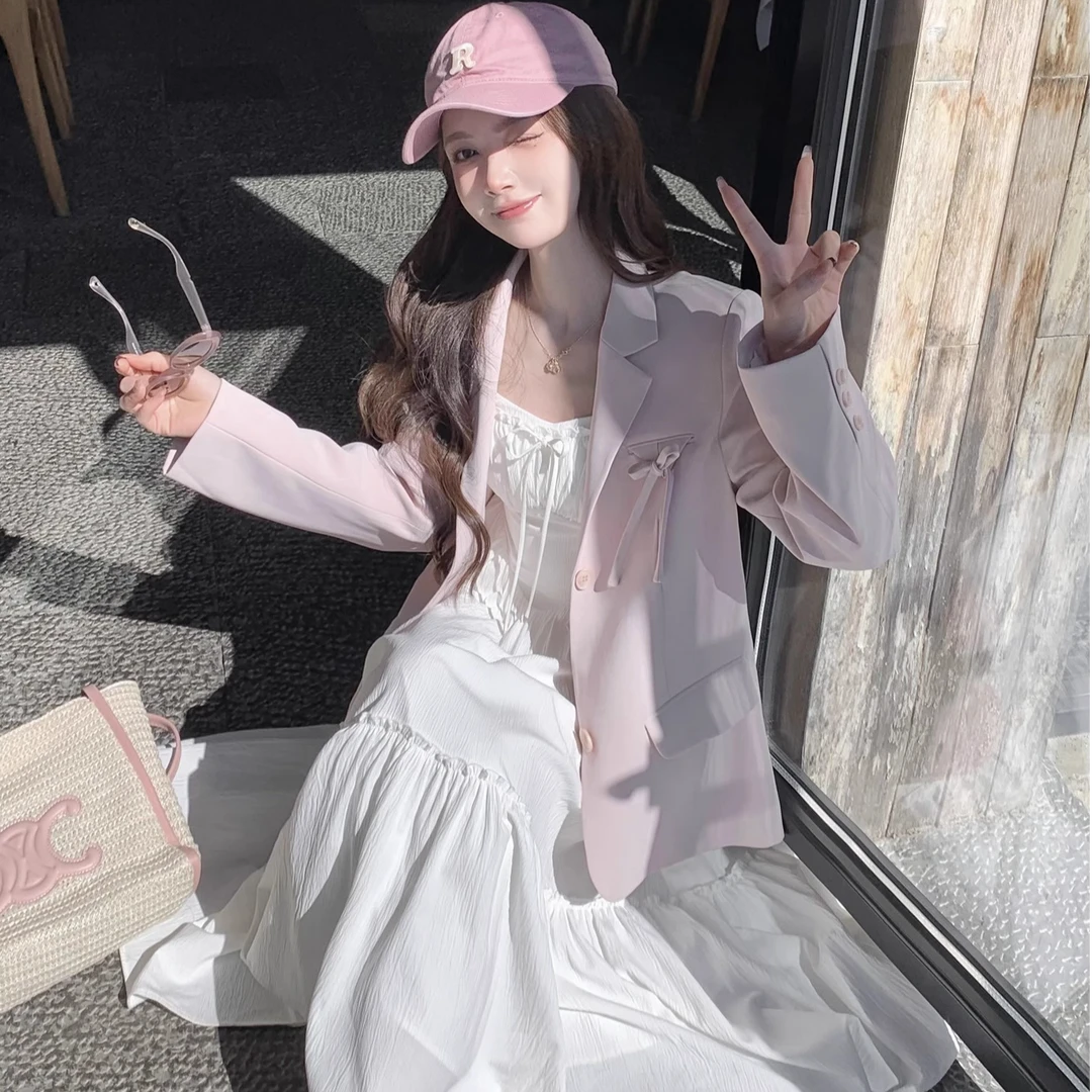 一整套粉色西装外套女春新款小个子韩版宽松休闲西服吊带裙两件套