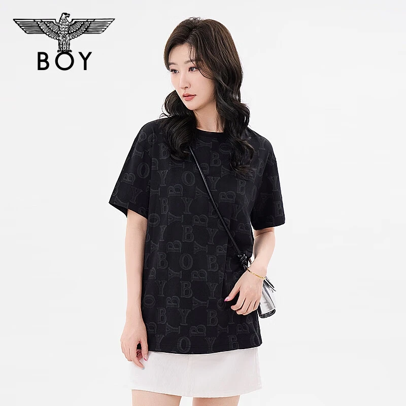 BOYLONDON新品夏季满印黑色休闲百搭宽松圆领时尚运动T恤N01126
