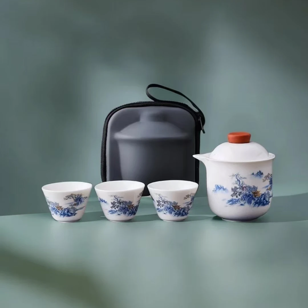 羊脂玉瓷白山谷幽居一壶三杯旅行茶具带包