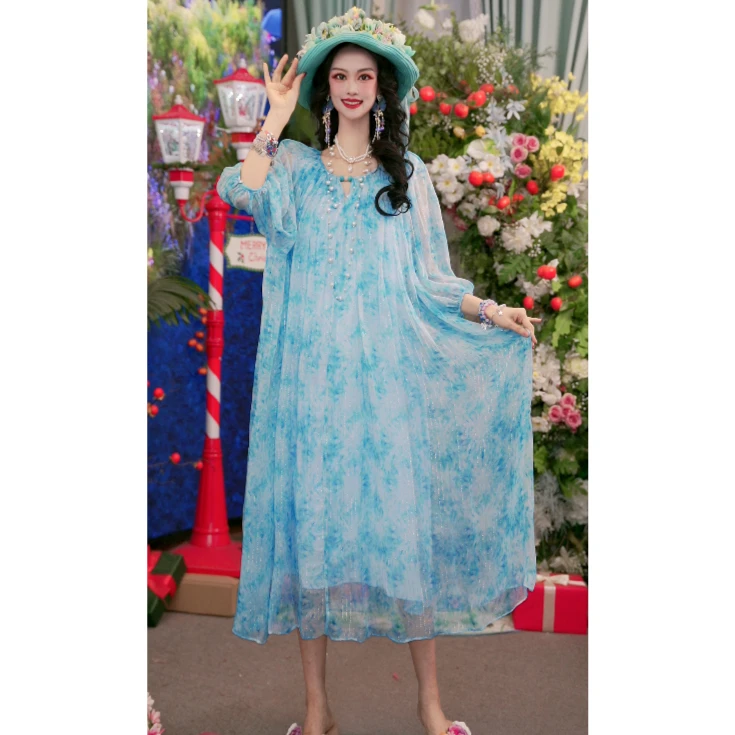 25新款法式设计师夏桑蚕丝气质宽松时尚长款女装连衣裙251D522