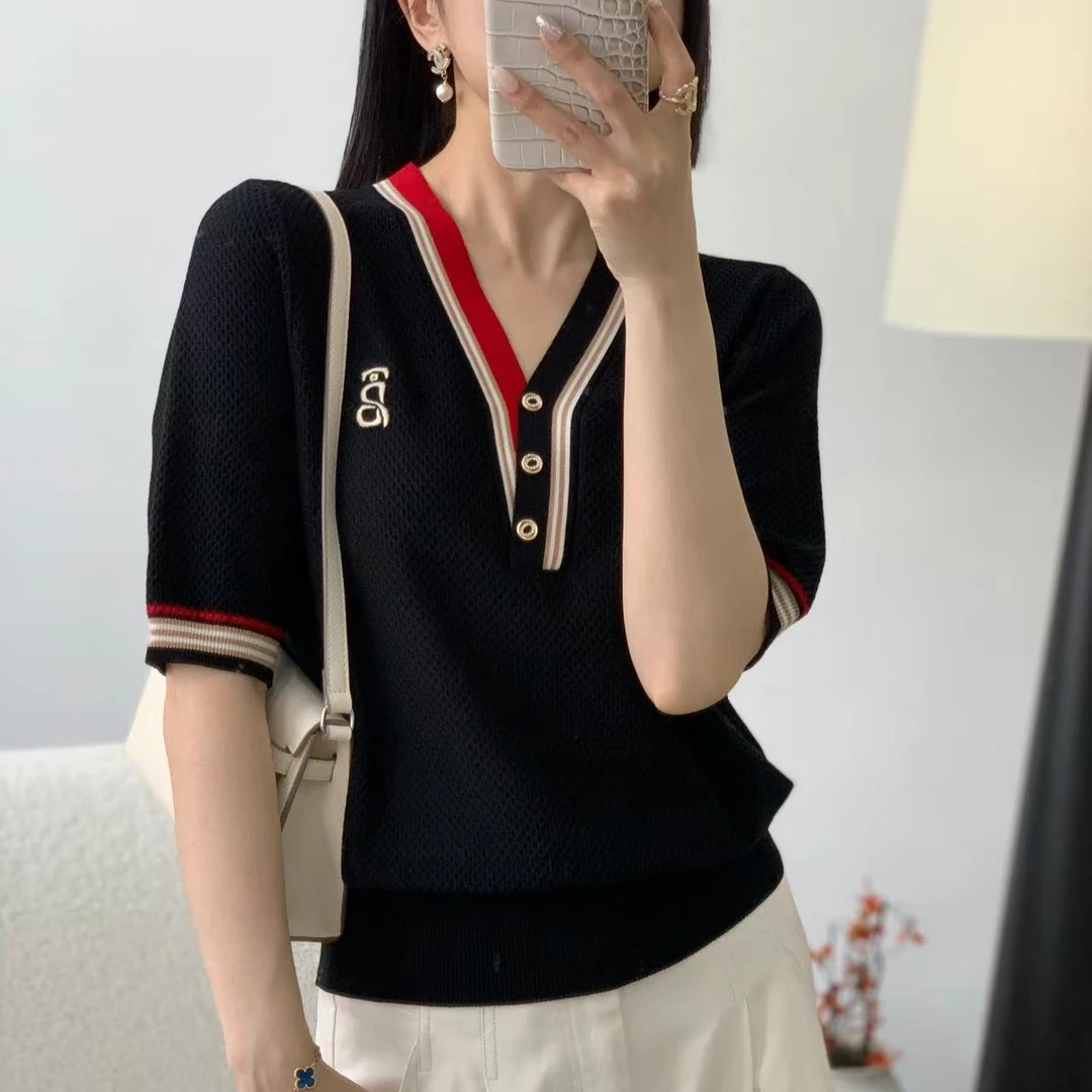 【例畔精选】2025韩版设计高级V领边扣刺绣拼色气质百搭针织衫A141#