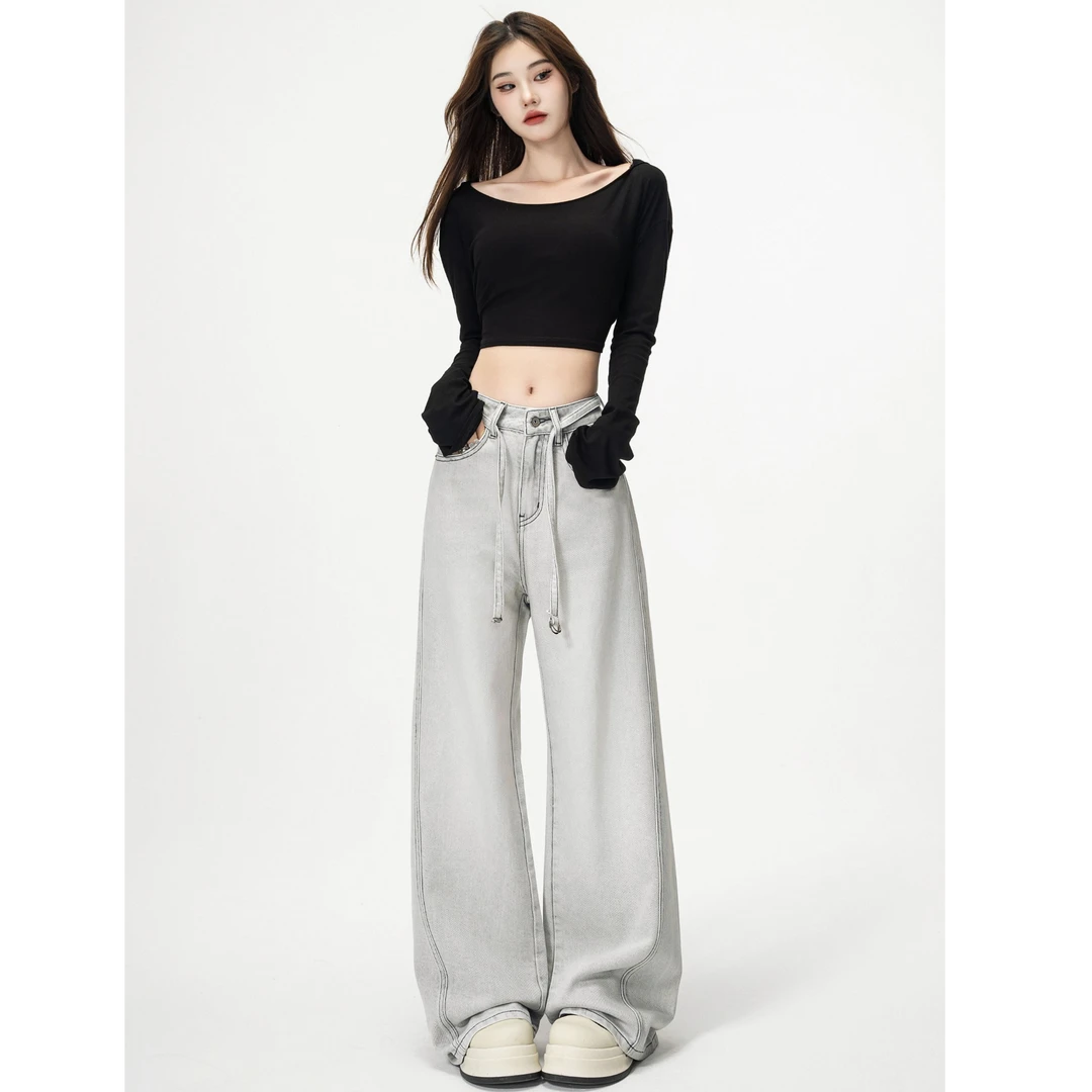 天丝莱赛尔春季新款银灰高腰窄版显瘦显腿长大阔腿牛仔裤24116