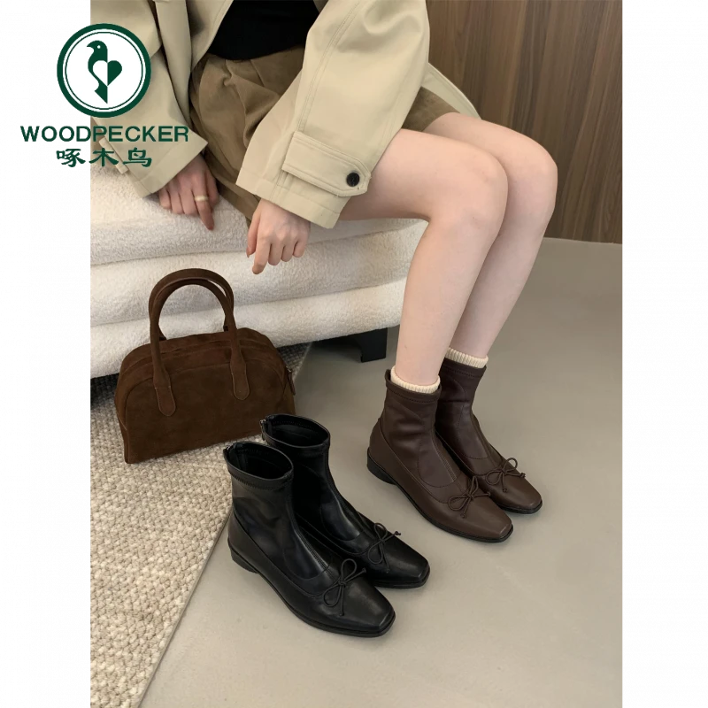 啄木鸟韩系小踝靴洋气小短靴女2025新款秋冬单靴复古粗跟瘦瘦靴子
