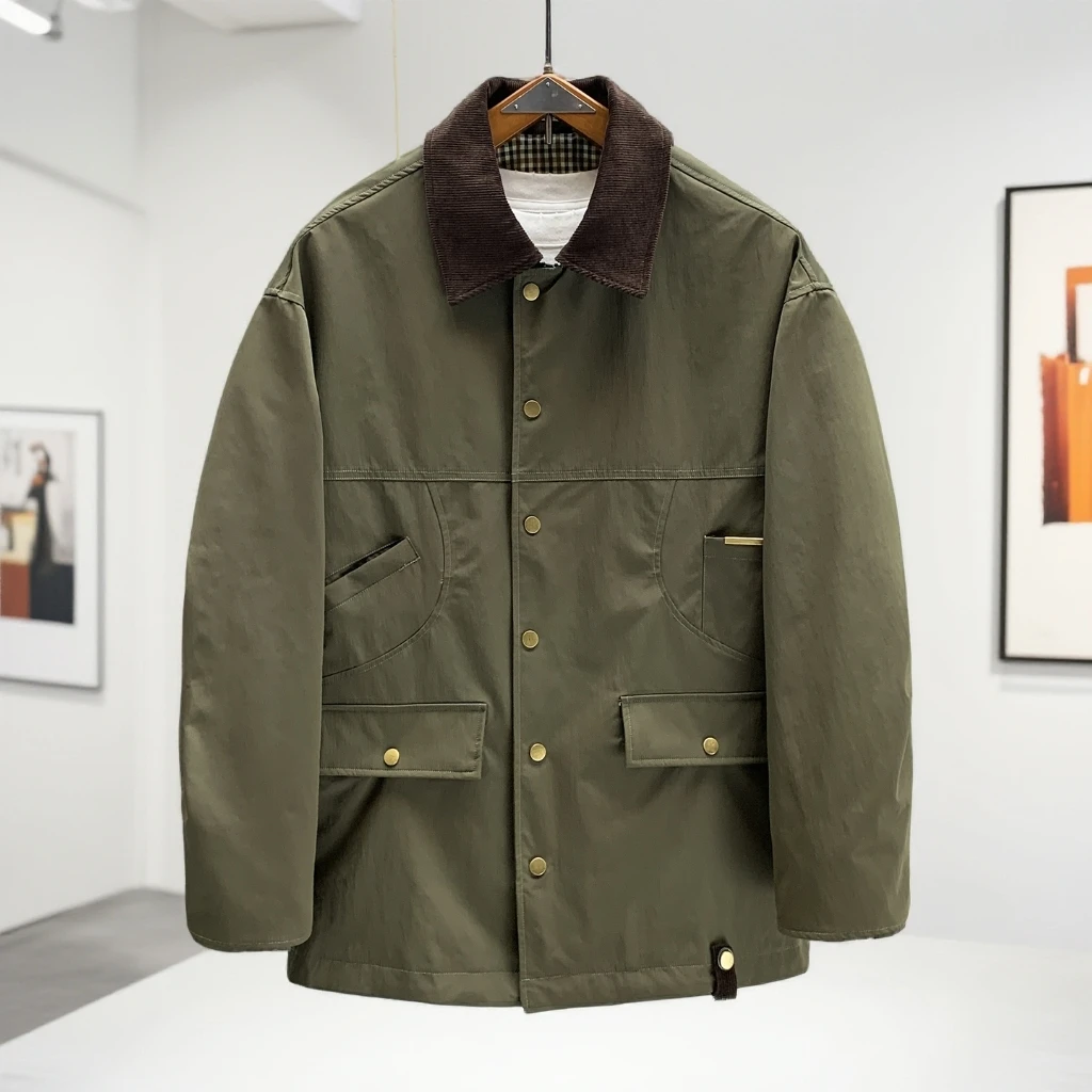 时尚巴恩风复古撞色男士休闲中长款风衣2025秋款工装翻领夹克外套