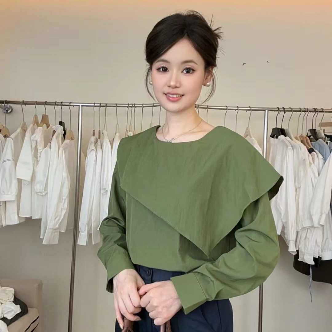 秋上新韩系简约设计感假披肩长袖衬衫休闲显瘦百搭时尚上衣