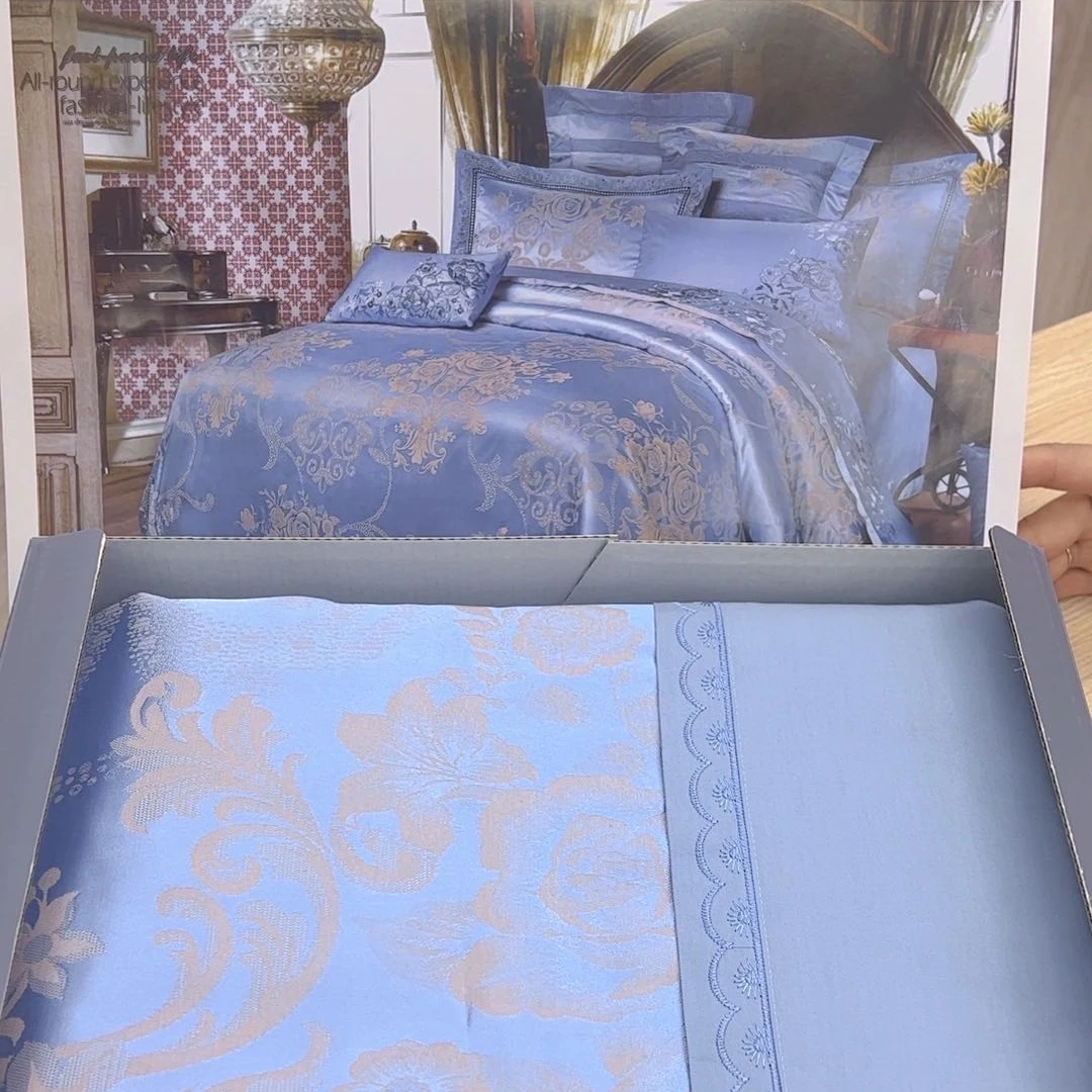 高定松弛感全棉欧式贡缎提花高档四件套-碧蓝色