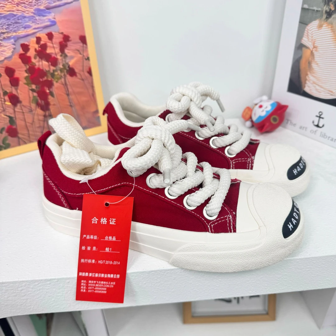 BE-6521 红色 开口笑厚底帆布鞋女2025新款潮流百搭时尚休闲鞋
