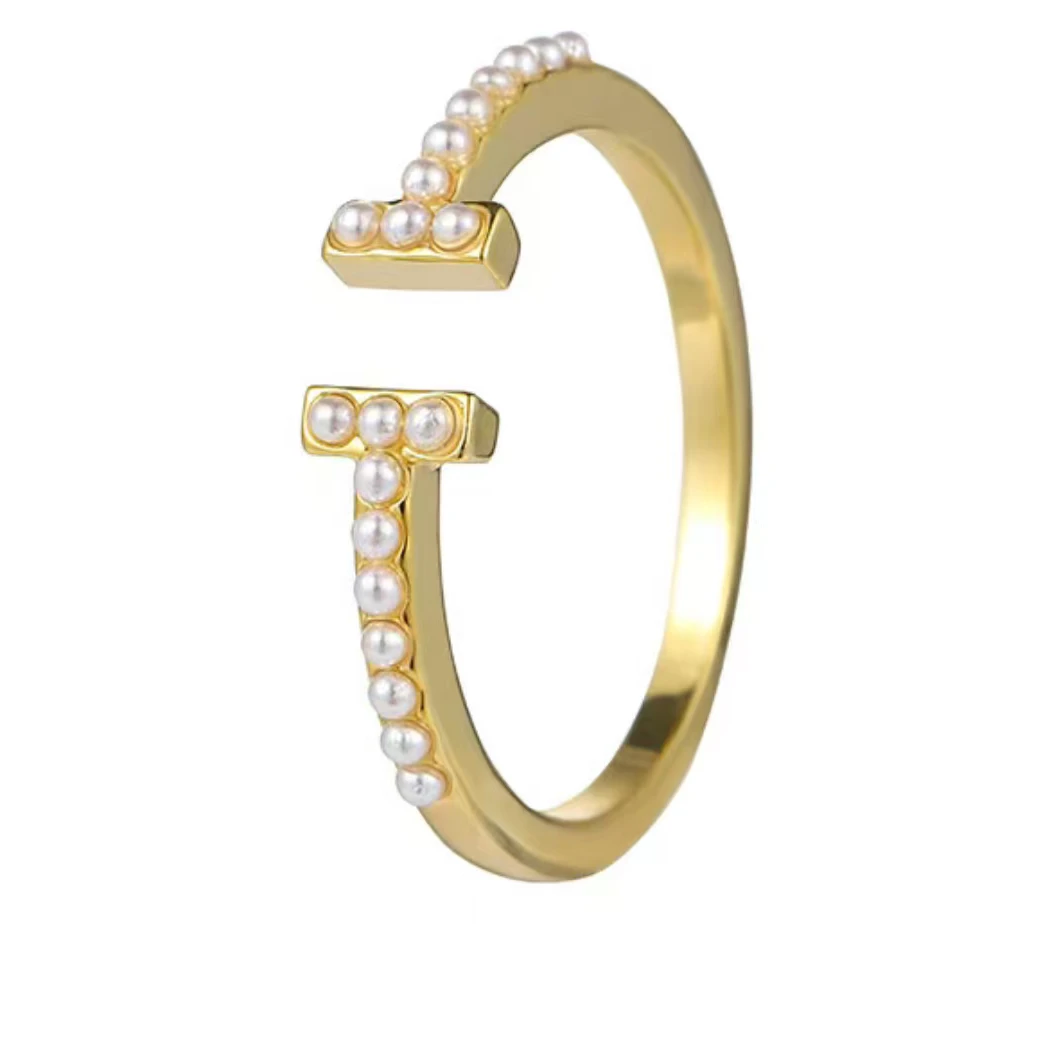 铜合金仿珍珠戒指 【双T】复古气质白色轻奢时尚简约可调节戒指