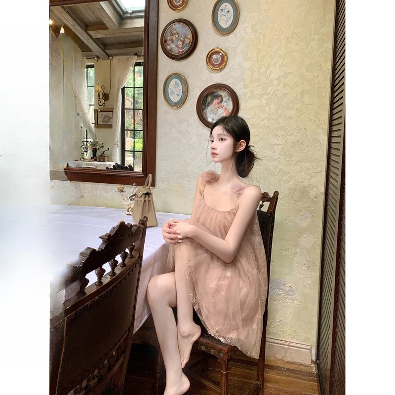 轻奢网红款很辣【月光芭蕾】纯欲仙气飘飘花朵网纱吊带裙连衣裙