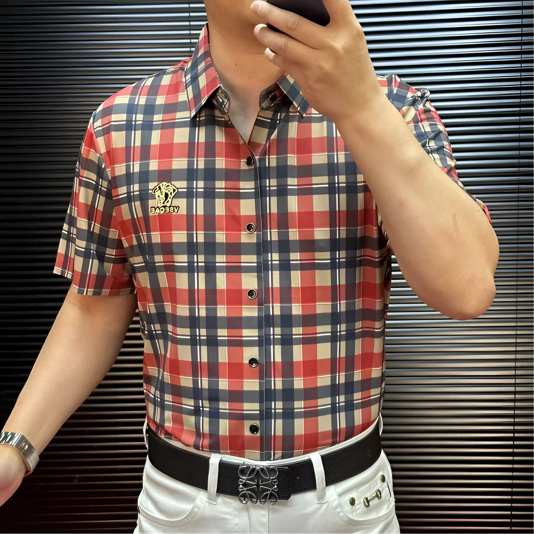 FLD甄选冰丝男士格子冰凉短袖薄款商务百搭修身短袖轻奢衬衫