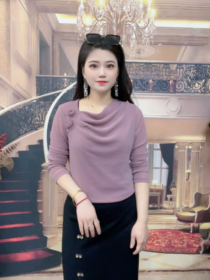 新款春秋薄款妈妈长袖网纱气质打底时尚洋气减龄外穿小衫