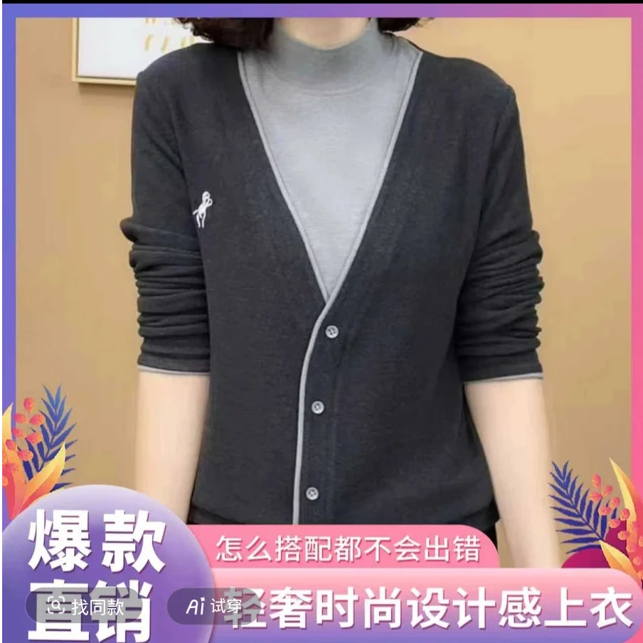 德绒长袖t恤女秋冬新款假两件半高领刺绣上衣时尚减龄保暖打底衫